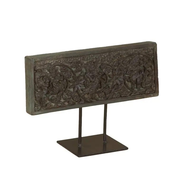 15-Inch Hand-Carved Wooden Panel Displayed On Ornamental Iron Stand 1