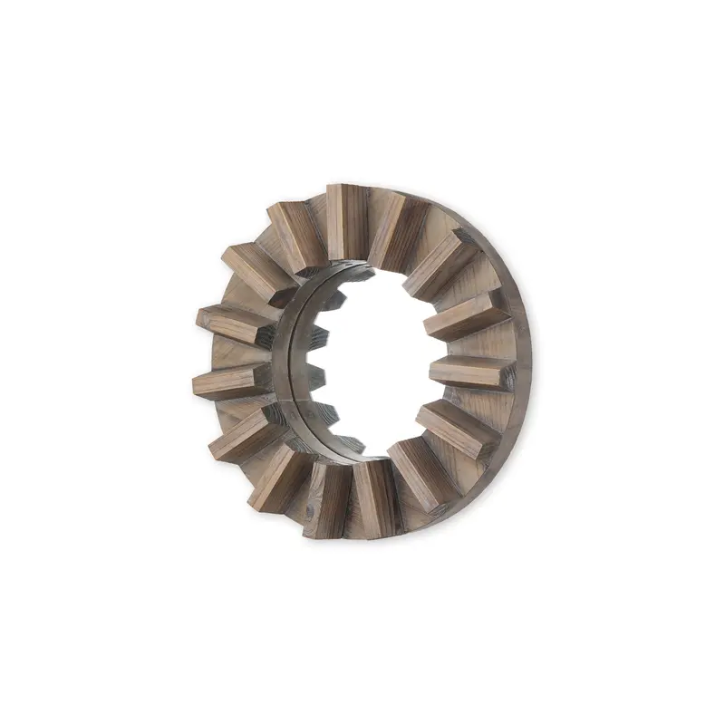 17-Inch Round Brown Wood Frame Mirror – Compact Sprocket Design 1