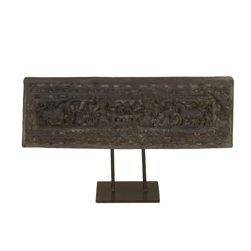 20-Inch Carved Wooden Wall Panel Mounted On Vintage Iron Stand 1