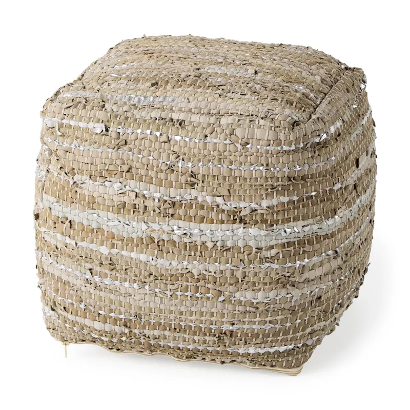 Aadhya Taupe-And-Silver Leather-Cotton Pouf – 16" Cube 1