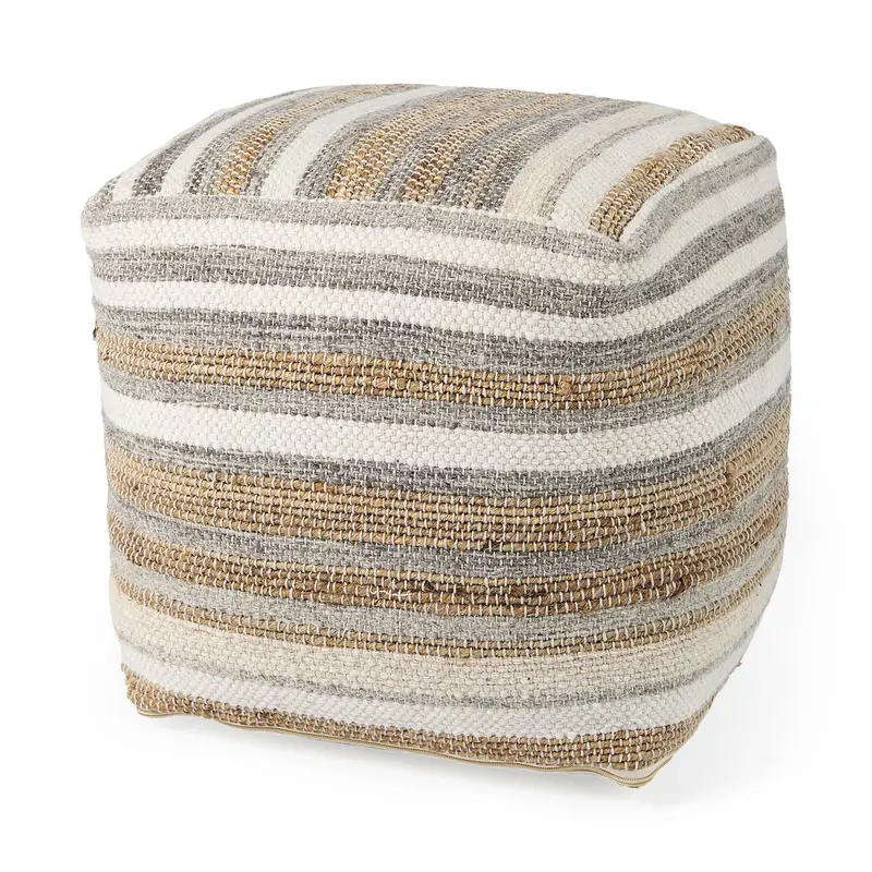 Aahana Striped Hemp-And-Cotton Pouf – White/Taupe/Gray, 16" Cube 1