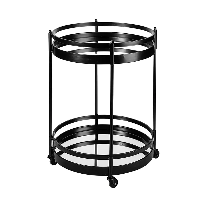 Ada Two-Tier Bar Cart: Black Metal Frame With Glass Shelf And Round Design 1