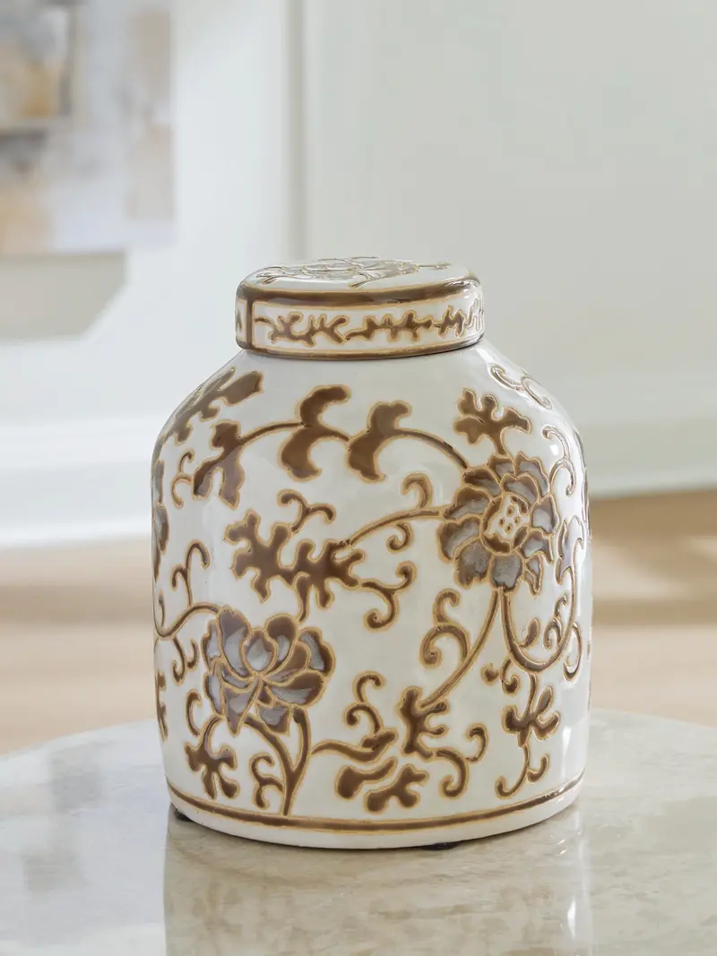 Adalham Cream-And-Brown Ceramic Decorative Jar 1