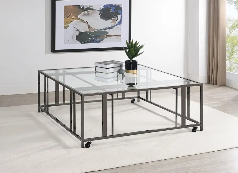 Adri Black Nickel Coffee Table – Square Glass Top With Casters 1