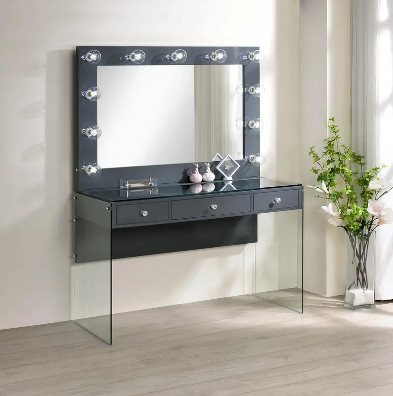 Afshan Gray High-Gloss Vanity Desk – 3-Drawer With Backlit Mirror 1