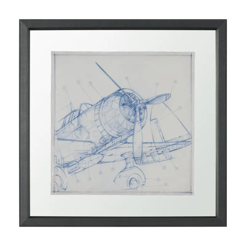 Airplane Mechanical Sketch I – Hand-Embellished Framed Photo Art By Ethan Harper, Matted & Glazed 1