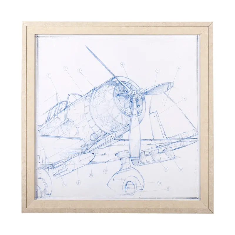 Airplane Mechanical Sketch I – Hand-Embellished Textured Framed Art Print By Ethan Harper 1