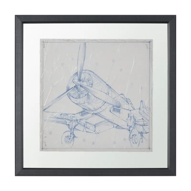 Airplane Mechanical Sketch Ii – Matted & Glass-Framed Art Print With Hand Embellishment By Ethan Harper 1