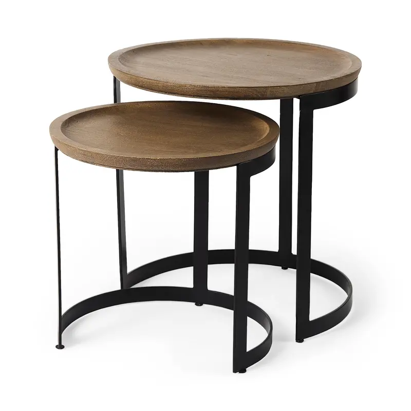 Aisley Nesting Side Tables – Set Of 2 Round Wood And Black Metal Accent Tables (19.3"L X 19.3"W X 19"H) 1