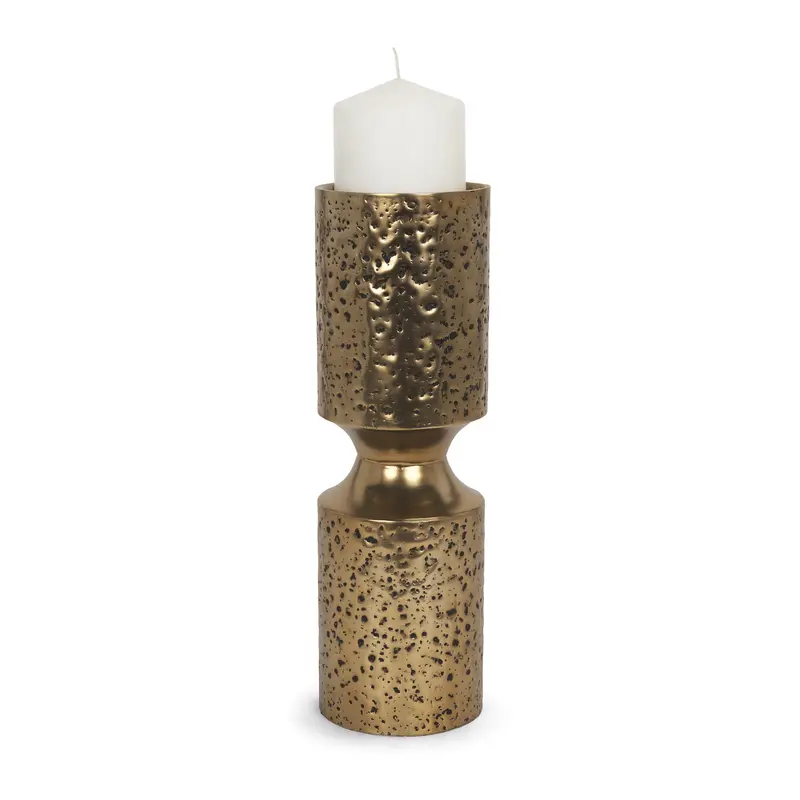 Akira Large Hammered Gold Metal Pillar Candle Holder 1