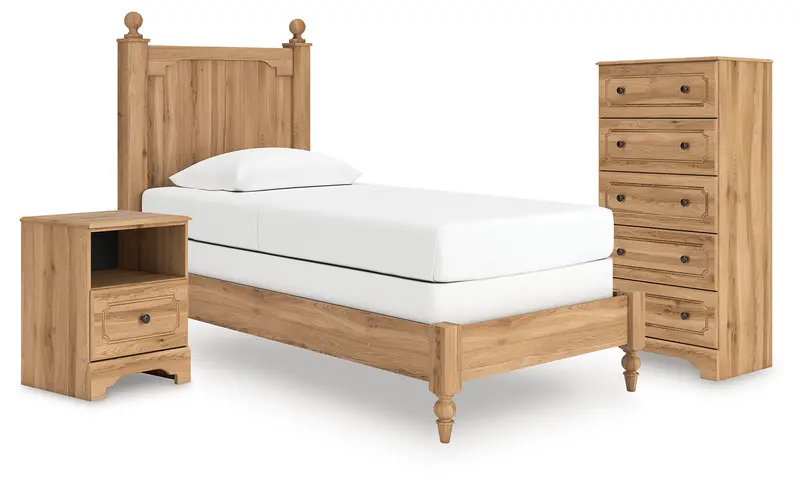 Aleaport Twin Panel Bed Set: Chest And Nightstand In Warm Brown Finish 1