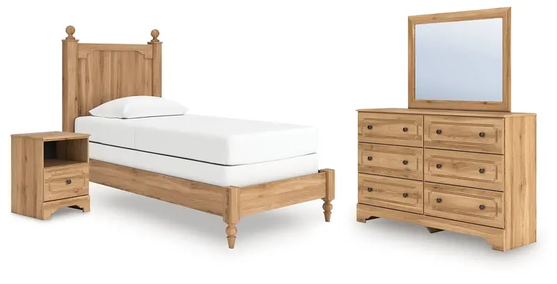 Aleaport Warm Brown Twin Upholstered Bed With Mirrored Dresser And Nightstand 1