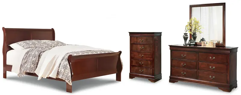 Alisdair Antique Bronze-Tone Queen Sleigh Bed In Reddish Brown With Mirrored Dresser & Chest 1