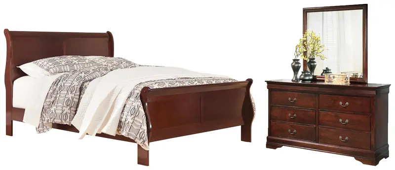 Alisdair California King Sleigh Bed + Mirrored Reddish-Brown Dresser – Elegant Bedroom Pair 1