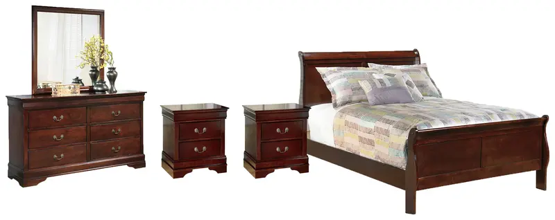 Alisdair Full Sleigh Bed Collection: Mirrored Dresser And Two Nightstands In Reddish Brown 1