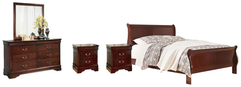 Alisdair King Sleigh Bed Set With Mirrored Dresser And Matching Nightstands – Reddish Brown Finish 1