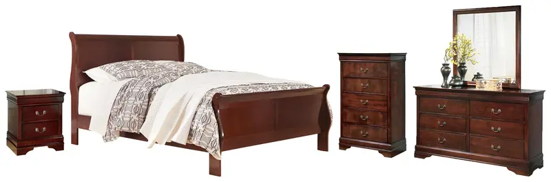 Alisdair Reddish-Brown California King Sleigh Bed Collection With Mirrored Dresser, Chest, And Nightstand 1