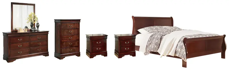 Alisdair Reddish-Brown California King Sleigh Bed Set With Mirrored Dresser, Chest, And Two Nightstands 1