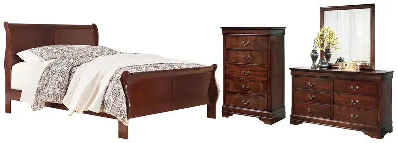 Alisdair Reddish-Brown King Sleigh Bed Collection With Mirrored Dresser And Chest 1