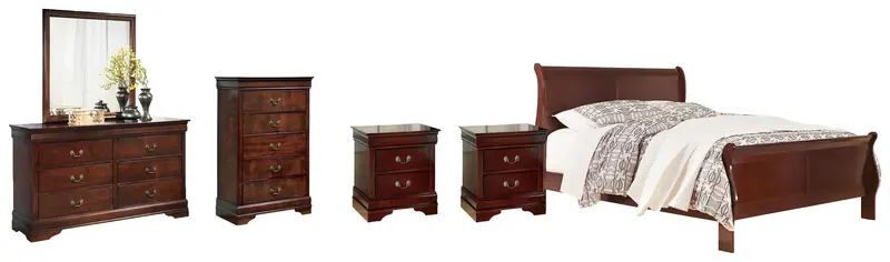 Alisdair Reddish-Brown King Sleigh Bed With Mirrored Dresser, Chest, And Two Nightstands 1
