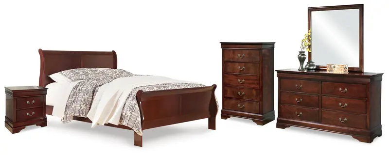 Alisdair Reddish-Brown Queen Sleigh Bed Set Featuring Mirrored Dresser, Chest, And Two Nightstands 1