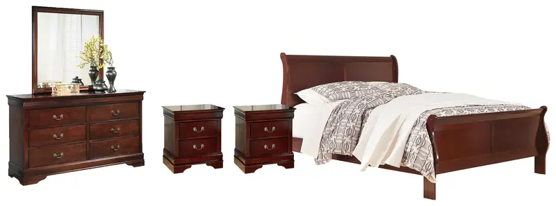 Alisdair Reddish Brown Queen Sleigh Bed With Mirrored Dresser, Chest & Nightstands 1