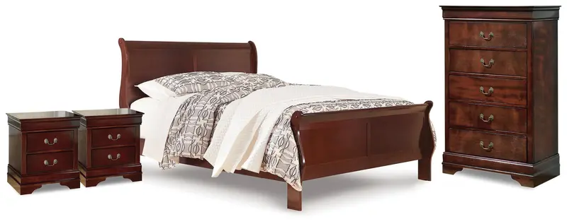 Alisdair Reddish Brown Queen Sleigh Bedroom Set: Bed, Chest, And Two Nightstands 1