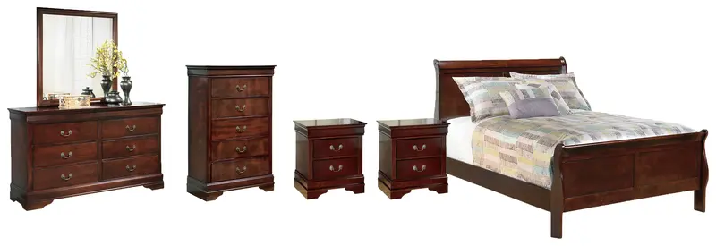 Alisdair Reddish Brown Twin Sleigh Bed Set With Mirrored Dresser, Chest, And Two Nightstands 1