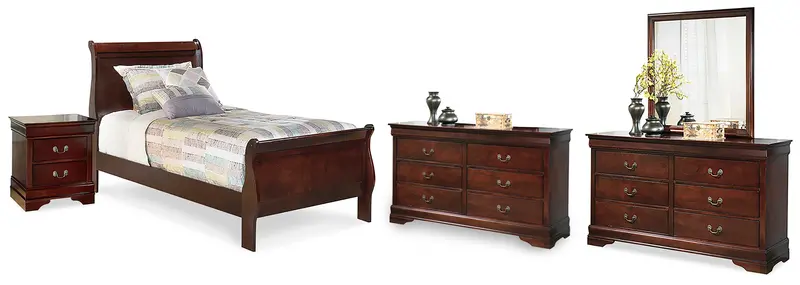 Alisdair Reddish Brown Twin Sleigh Bedroom Suite: Bed, Two Dressers, Mirror & Nightstand 1