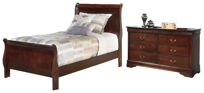 Alisdair Twin Sleigh Bed In Reddish Brown With Matching Dresser 1