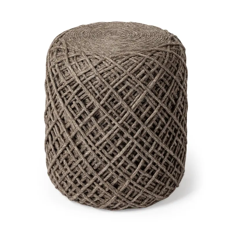 Allium Dark Brown Handwoven Wool Pouf – Textured Cylindrical Seat 1