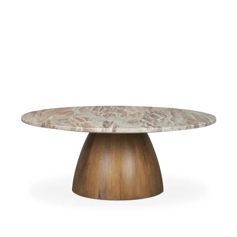 Allyson Coffee Table: Round Brown Pedestal Base With Pink Marble Top 1