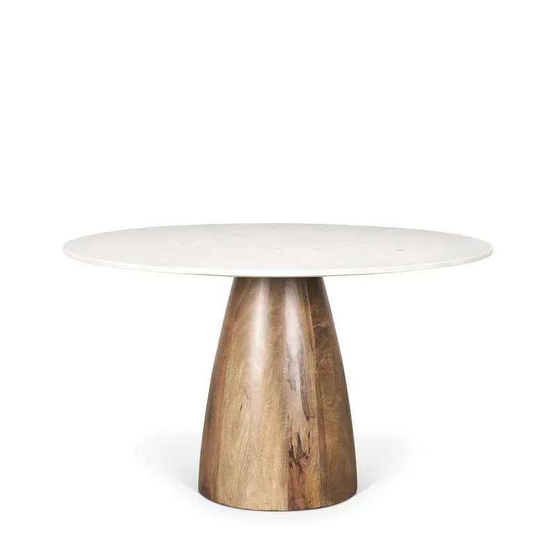 Allyson Dining Table: 48-Inch Round Brown Wood Pedestal With White Marble Top 1