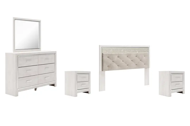 Altyra King Panel Headboard Bed Paired With Mirrored Dresser & Matching Nightstands (White) 1