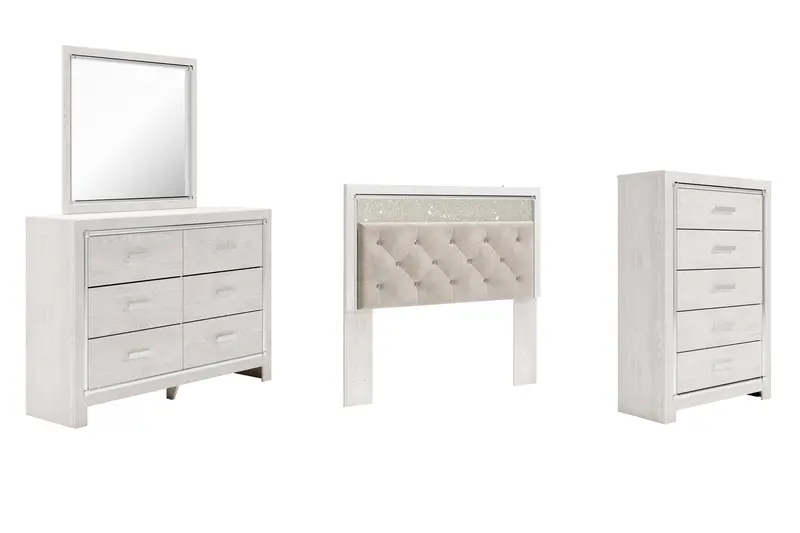 Altyra Queen Panel Bed With Mirrored Dresser And Chest – White Finish 1