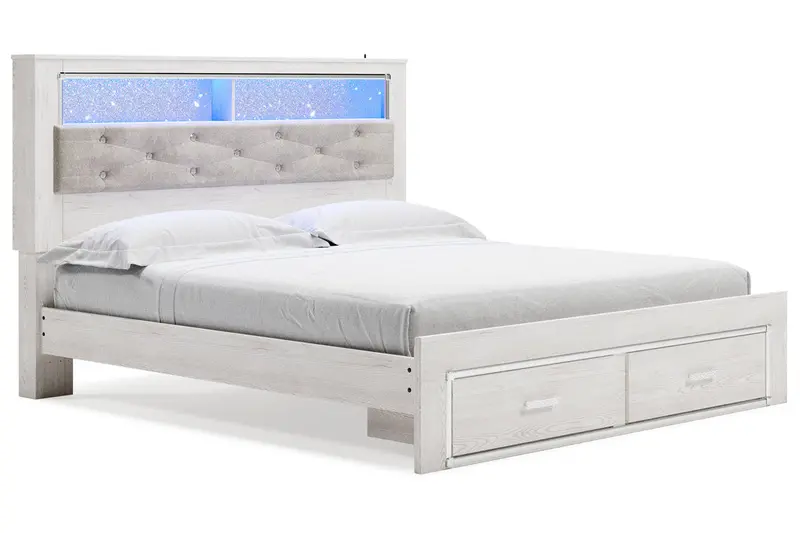 Altyra White King-Size Led Bookcase Storage Panel Bed 1
