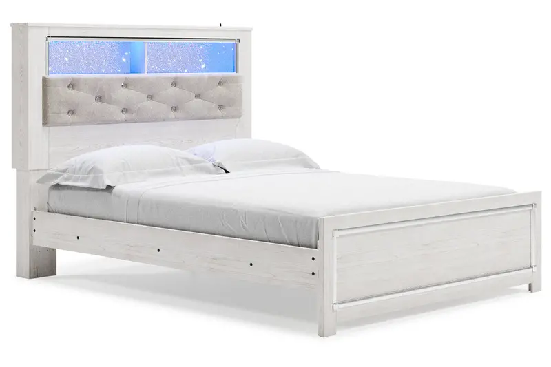 Altyra White Led Bookcase Panel Bed For Queen Mattress 1