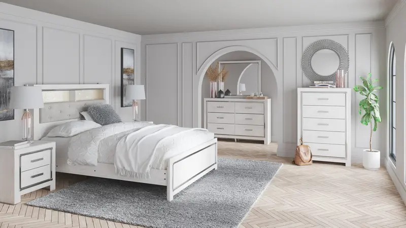 Altyra White Led-Illuminated Bookcase Panel Bedroom Set 1
