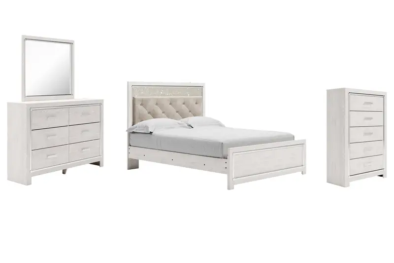 Altyra White Panel Bed Collection – Mirrored Dresser, Chest, And Queen Bed Frame 1