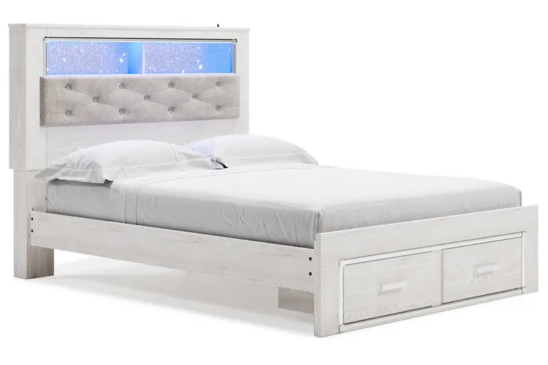 Altyra White Queen Upholstered Platform Bed With Led Bookcase And Under-Bed Storage 1