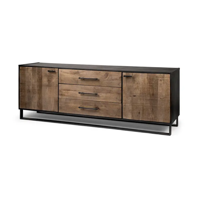 Alvin Sideboard: 82L X 20W Brown Solid Wood Cabinet With Black Metal Frame, 3 Drawers & 2 Doors 1