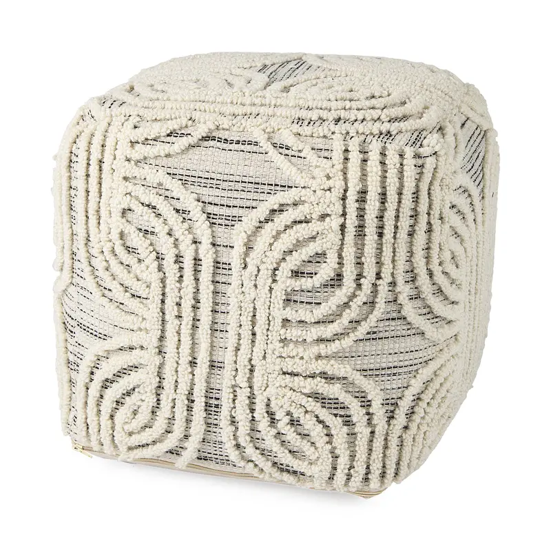 Amaya Pouf: 16-Inch Cube In Cream/Black/Gray Wool-And-Cotton Blend 1