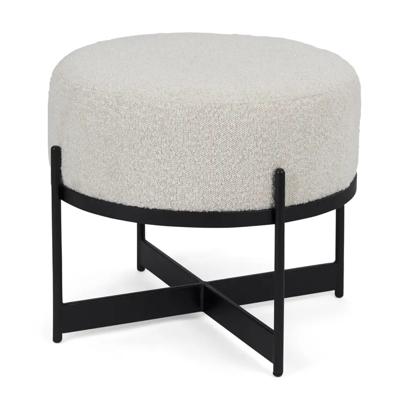Amelia Upholstered Pouf: Cream Bouclé Fabric Over Black Metal Frame 1