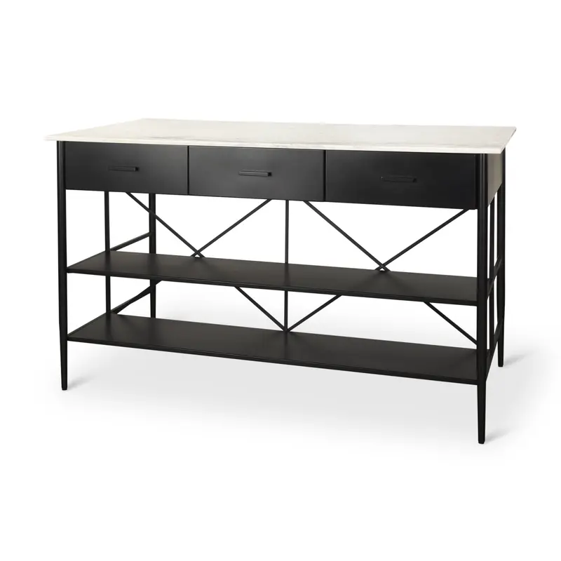 Amika Kitchen Island: White Marble Top With Sleek Black Metal Base 1