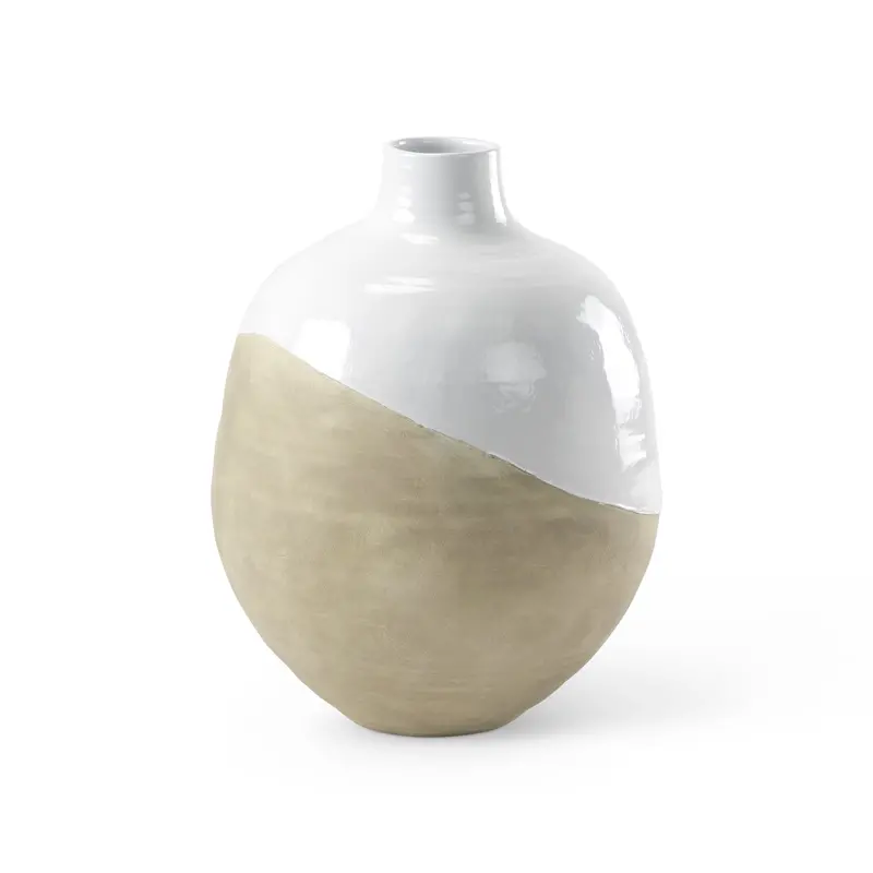 Amos Ceramic Floor Vase – White & Dark Beige Block Design (24.4"H) 1