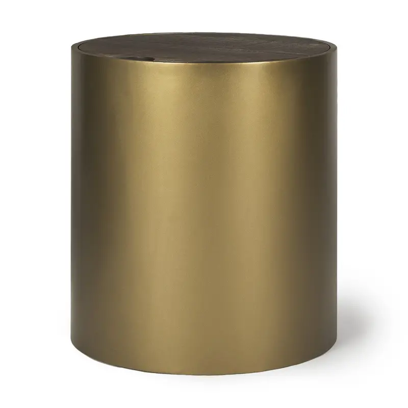 Antique Brass Drum-Shaped End Table With Dark Brown Wood Top 1
