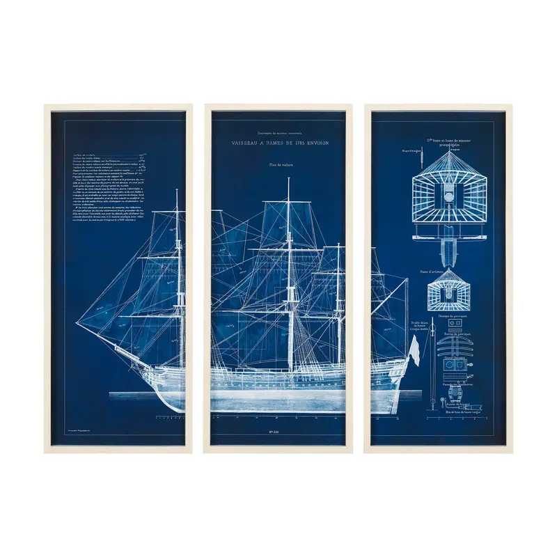 Antique Ship Blueprint Iv Hand-Embellished Framed Art Print By Vision Studio, Matted Under Glass 1