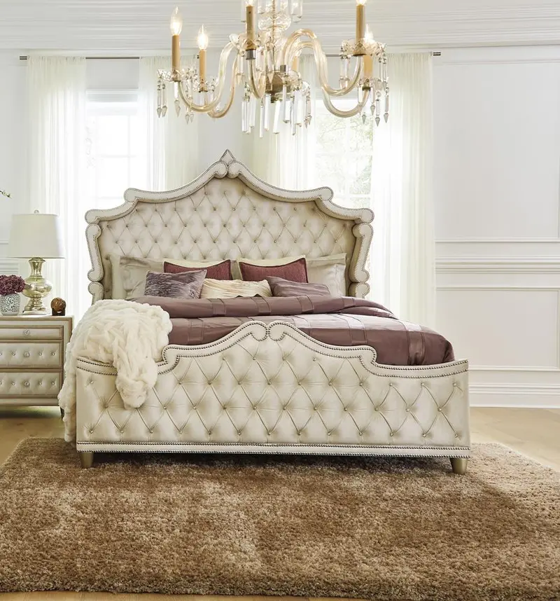 Antonella Ivory-And-Camel Tufted California King Upholstered Bed Frame 1