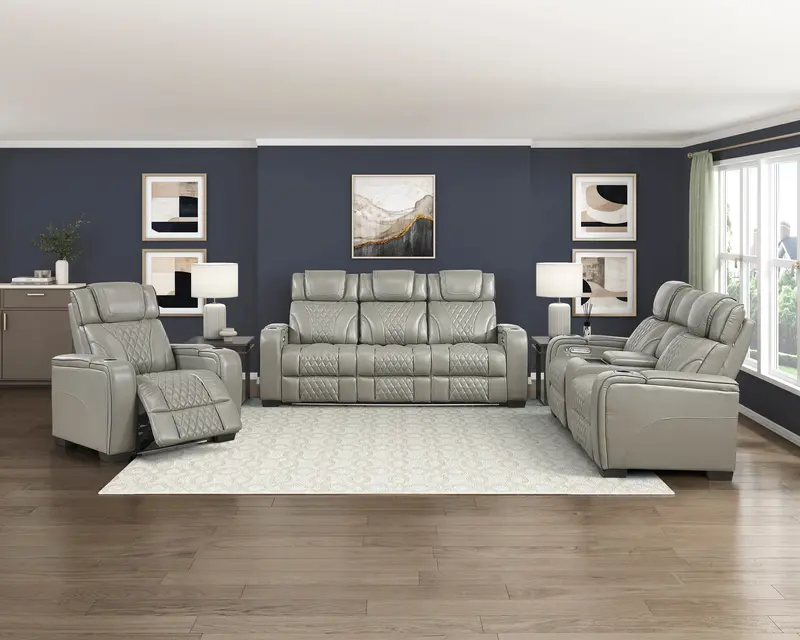 Apex Gray Leather Power Reclining Sofa Set – Includes Recliner & Loveseat 1