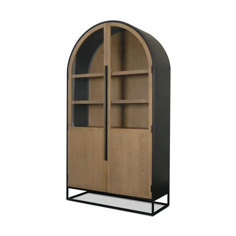 Arched Light Brown Cabinet With Black Metal Frame – Tall Storage Solution 1